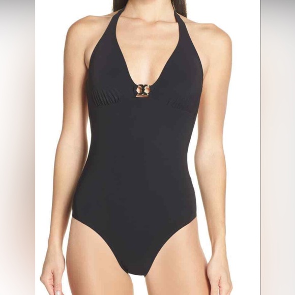 Tory Burch Logo Halter One Piece Swimsuit Black Size XL EUC - Picture 3 of 4